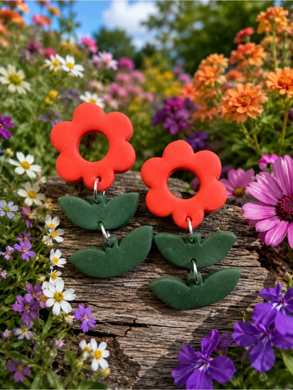 Red Flower Dangle Handmade Polymer Clay Earrings with Green Leaves